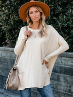 Damen Bluse Apricot Lange Ärmel Taschen Jewel Neck Cotton Oversized Long T-Shirt