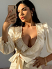 Damen Bluse Aprikose Schnürrüschen Rüschen V-Ausschnitt Sexy Langarm Polyester Tops