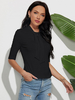 Damen Bluse Black Jewel Neck Halbarm Baumwolle geknotet Polyester Casual T-Shirt