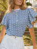 Damen Bluse Blau bedruckte Spitze Jewel Neck Casual Kurzarm Cotton Tops
