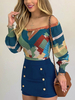 Damen Bluse Blau Off-The-Shoulder Langarm Geometrisch bedrucktes Freizeithemd