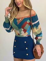 Damen Bluse Blau Off-The-Shoulder Langarm Geometrisch bedrucktes Freizeithemd