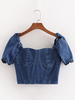 Damen Bluse blau rückenfrei Reißverschluss Vierkant Hals lässig kurzärmelig Baumwolle Denim Tops