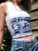 Damen Bluse Blau Ärmelloses Polyester Printed Stretch Paspeln Jewel Neck T-Shirt