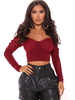 Damen Bluse Burgund Langarm Sheer Plissee V-Ausschnitt Sexy Polyester Tops