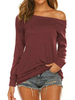 Damen Bluse Burgund Lange Ärmel Baumwollmischung Bateau Neck Casual T-Shirt