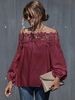 Damen Bluse Burgund Open Schulter Spitze Bateau Neck Langarm Polyester Casual Tops