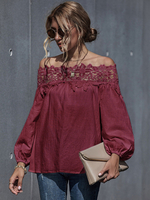Damen Bluse Burgund Open Schulter Spitze Bateau Neck Langarm Polyester Casual Tops