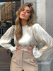 Damen Bluse Champagner Polyester Jewel Neck Casual Plissee Langarm Casual Shirt
