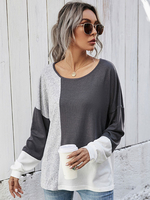 Damen Bluse Deep Grey Langarm Jewel Neck Farbblock Polyester Casual T Shirt