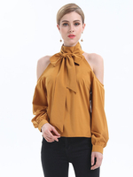 Damen Bluse Gelb Polyester Offene Schulter Lässig geknotete Langarm Tops