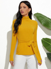 Damen Bluse Gelbe Baumwolle geknotet Langarm T-Shirt mit hohem Ärmel