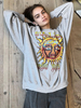 Damen Bluse Grau Langarm Artwork Printed Stretch Piping Jewel Neck Polyester T-Shirt