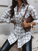 Damen Bluse Grau Plaid Unregelmäßig Turndown Kragen Retro Langarm Polyester Tops