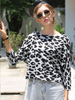 Damen Bluse Grau Polyester Leopardenmuster Halbe Ärmel Jewel Neck Casual T Shirt