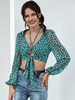 Damen Bluse Grün Polyester Neckholder Ausschnitt Ärmel Blumendruck Langarm Sexy Tops