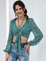 Damen Bluse Grün Polyester Neckholder Ausschnitt Ärmel Blumendruck Langarm Sexy Tops