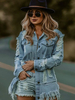 Damen Bluse Hell Himmelblau Turndown Kragen Hip Hop Langarm Baumwolltops