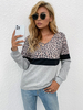 Damen Bluse Hellgrau Lange Ärmel Leopardenmuster Stretch V-Ausschnitt Polyester T-Shirt