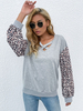 Damen Bluse Hellgrau Polyester Leopardenmuster Stretch V-Ausschnitt Langarm T-Shirt für Damen