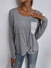 Damen Bluse Jewel Neck Lange Ärmel Stretch Taschen Baumwolle Hellgraues T-Shirt