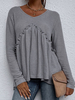 Damen Bluse Jewel Neck Long Sleeves Lycra Spandex Stretch Rüschen Hellgraues T-Shirt
