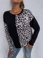 Damen Bluse Jewel Neck Long Sleeves Schwarz Zweifarbiges T-Shirt mit Stretch-Paspeln aus Baumwolle