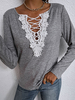 Damen Bluse Jewel Neck Long Sleeves Stretch Spitze Baumwolle Hellgraues T-Shirt