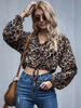 Damen Bluse Kaffee Braun Leopardenmuster V-Ausschnitt Lässig Langarm Polyester Tops