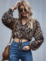 Damen Bluse Kaffee Braun Leopardenmuster V-Ausschnitt Lässig Langarm Polyester Tops
