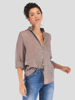 Damen Bluse Khaki Buttons Turndown Kragen Casual Langarm Cotton Tops