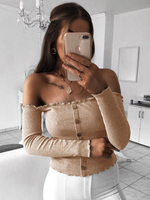 Damen Bluse Khaki Langarm Bateau Neck Polyester Casual T Shirt