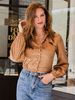 Damen Bluse Khaki Leopardenmuster Lässig Langarm Polyester T-Shirt