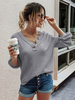 Damen Bluse Langarm Hellgrau Polyester Knöpfe V-Ausschnitt T-Shirt