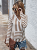 Damen Bluse Langarm Khaki Polyester Streifen V-Ausschnitt Kapuze T-Shirt
