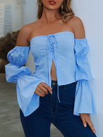Damen Bluse Light Sky Blue Cabrio Schnürausschnitt Bateau Neck Langarm Polyester Sexy Tops