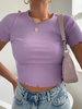 Damen Bluse Lila Kurzarm Polyester Piping Jewel Neck T-Shirt