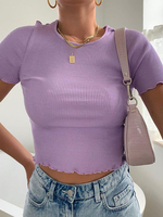 Damen Bluse Lila Kurzarm Polyester Piping Jewel Neck T-Shirt