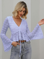 Damen Bluse Lila Polyester V-Ausschnitt Casual Langarm Shirt
