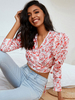 Damen Bluse Pink Blumendruck V-Ausschnitt Casual 3/4 Länge Ärmel Polyester Tops Casual Shirt
