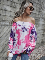 Damen Bluse Pink Lila Bateau Neck Langarm Tie Dye Polyester Casual T Shirt
