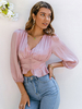 Damen Bluse Pink Polyester V-Ausschnitt Halbarm Casual Tops