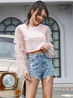 Damen Bluse Pink Tüll Jewel Neck Casual Langarm Casual Tops