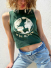 Damen Bluse Ärmellos Dunkelgrün Polyester Bedruckt Stretch Paspeln Jewel Neck T-Shirt