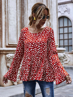 Damen Bluse Rot Blumendruck Blumen Jewel Neck Langarm Polyester Casual Tops