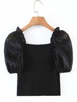 Damen Bluse Schwarz Backless Square Neck Kurzarm Cotton Tops Casual Shirt
