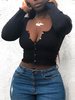 Damen Bluse Schwarz Langarm Polyester Knöpfe V-Ausschnitt Schwarzes T-Shirt