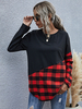 Damen Bluse Schwarz Langarm Rot Plaid Jewel Neck Polyester Casual T Shirt