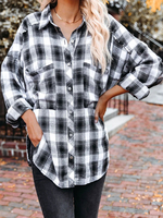 Damen Bluse Schwarz Polyester Umlegekragen Langarm Polyester Academic Plaid Shirt