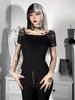 Damen Bluse Schwarz Square Neck Long Sleeves Lace Gothic T-Shirt